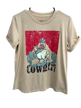Unbranded Small Beige Cowgirl Graphic Short Sleeve T-Shirt Top Retro